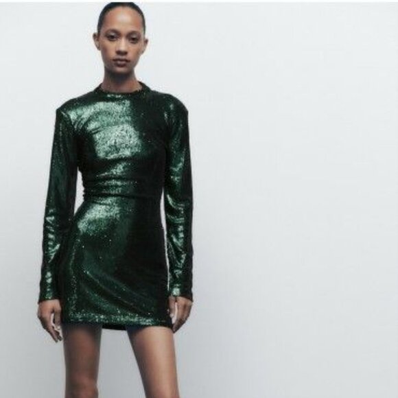 Zara Green Sequin Metallic Long Sleeve Mini Dress Small NWT - Picture 3 of 5